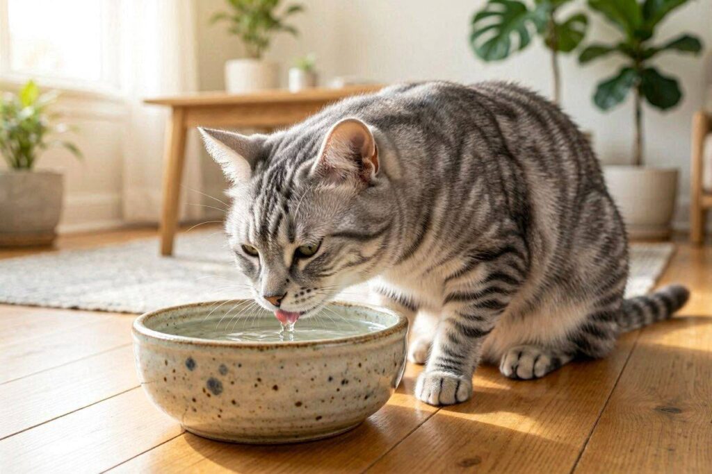 Cat drinking a lot of water from a bowl