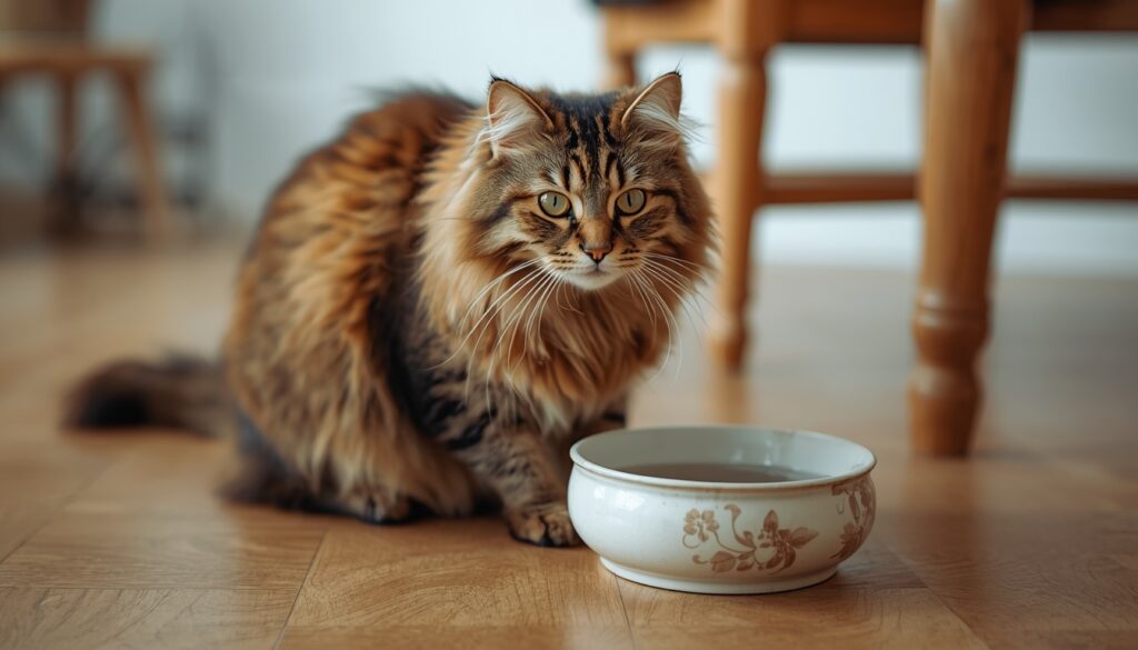 Cat sitting next to water bowl at home